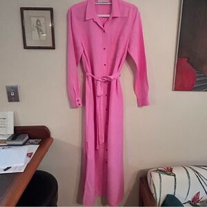 Loft Pink Linen Blend Long Sleeve Button Down Maxi Dress Shirt Dress Size 10